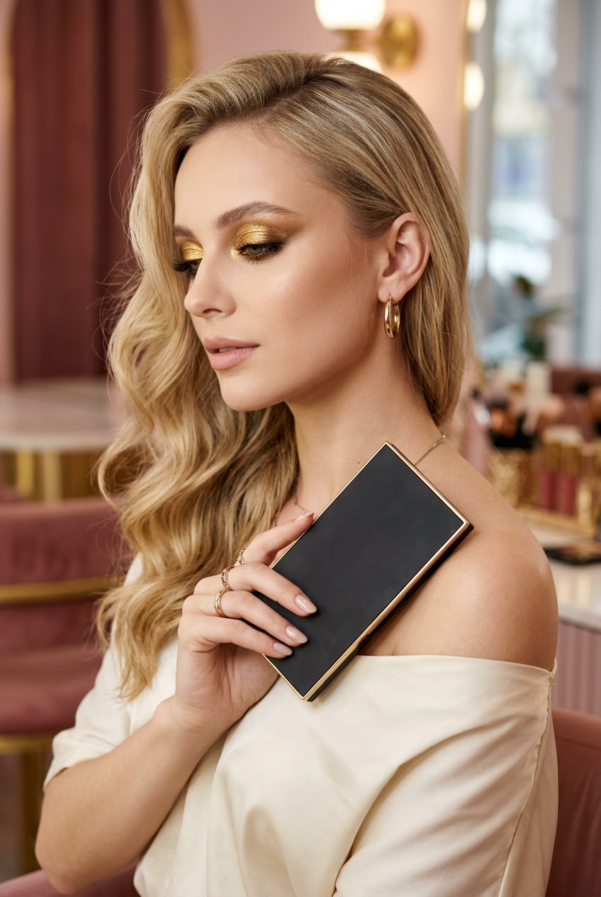 Blonde model holding eyeshadow palette with golden eye makeup