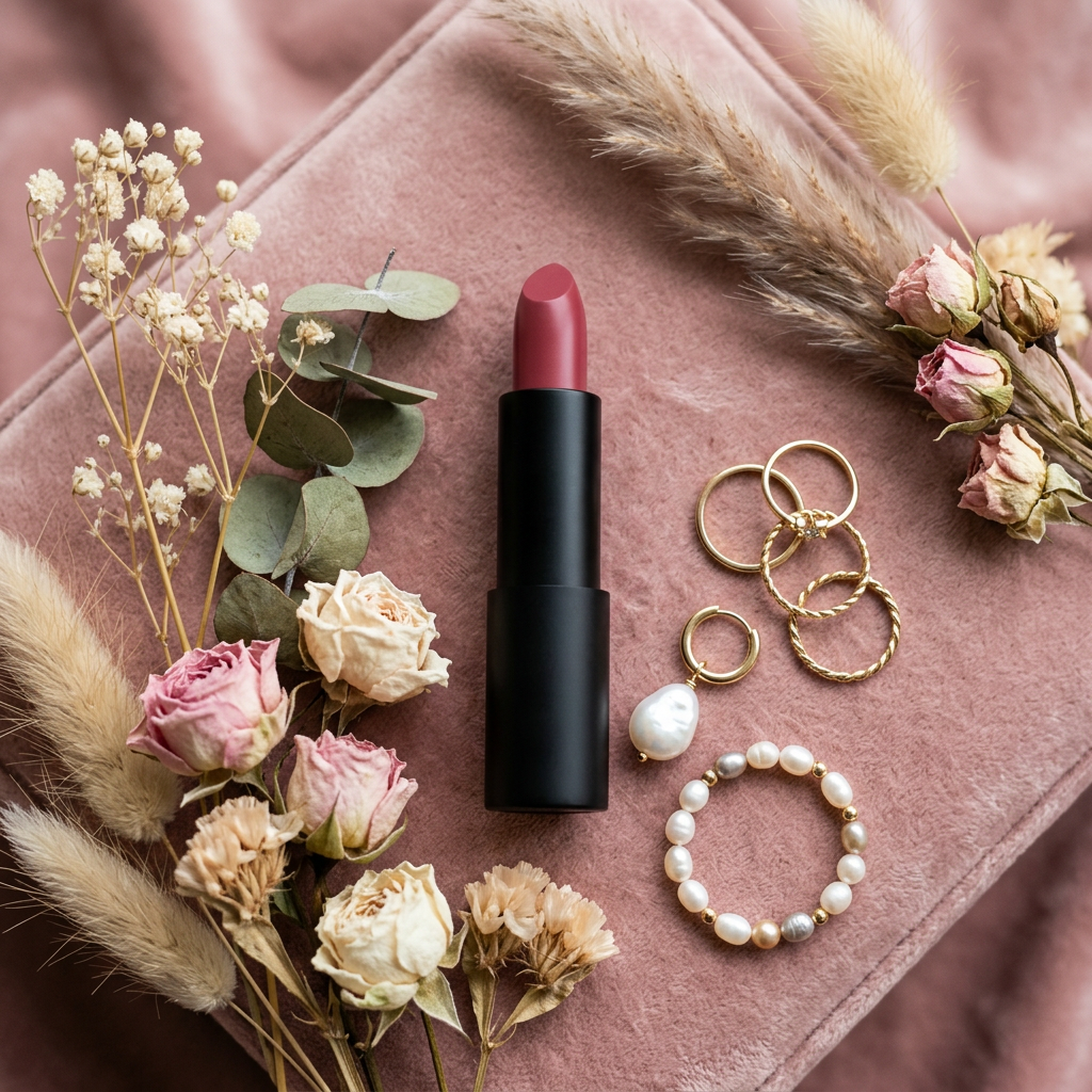 Velvet Noir Matte Lipstick flat lay with florals and accessories