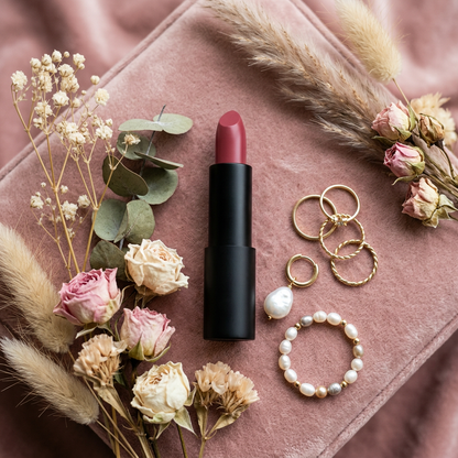 Velvet Noir Matte Lipstick flat lay with florals and accessories