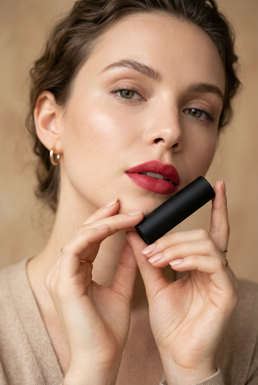European model holding Velvet Noir Matte Lipstick with rose-red lips