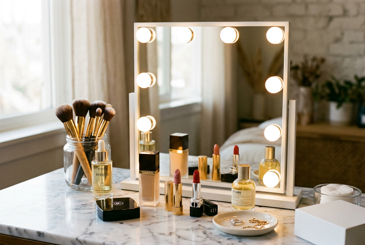 Square LED Mirror lifestyle vanity table with cosmetics