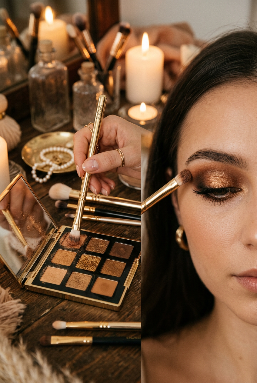 Model applying bronze eyeshadow with brush