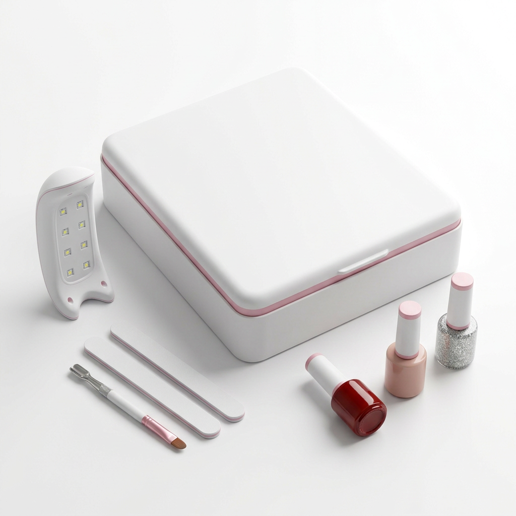Home gel nail kit hero shot with box and polish