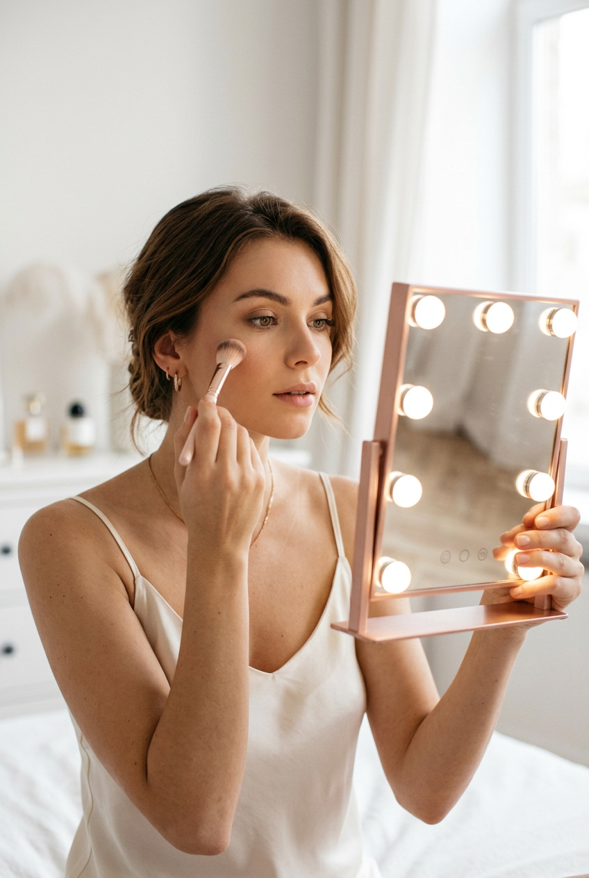 European brunette model applying makeup with LED mirror