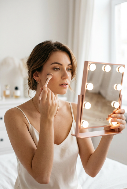 European brunette model applying makeup with LED mirror