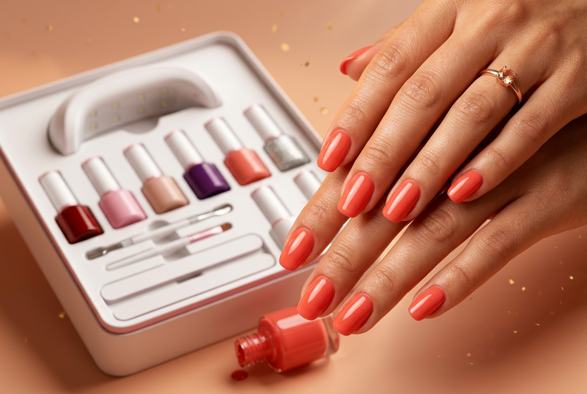 Close up manicured hands with coral gel nails and kit