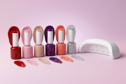 6 gel polish colors with swatches on pink background