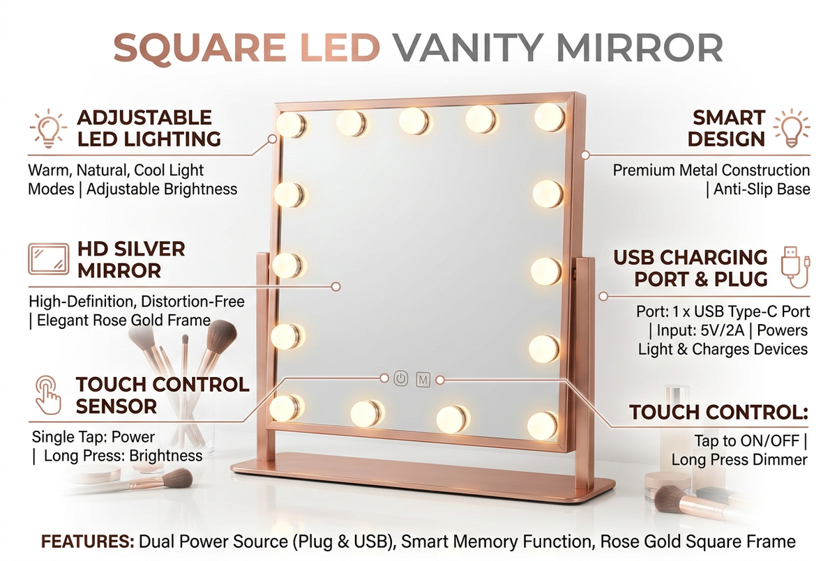 Square LED Mirror features and dimensions infographic