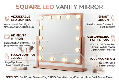 Square LED Mirror features and dimensions infographic