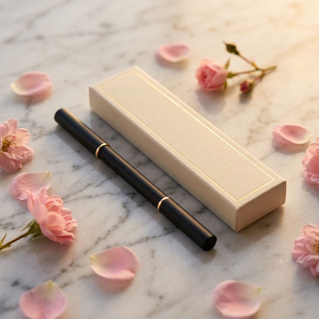 Eyebrow Pencil on Marble with Rose Petals