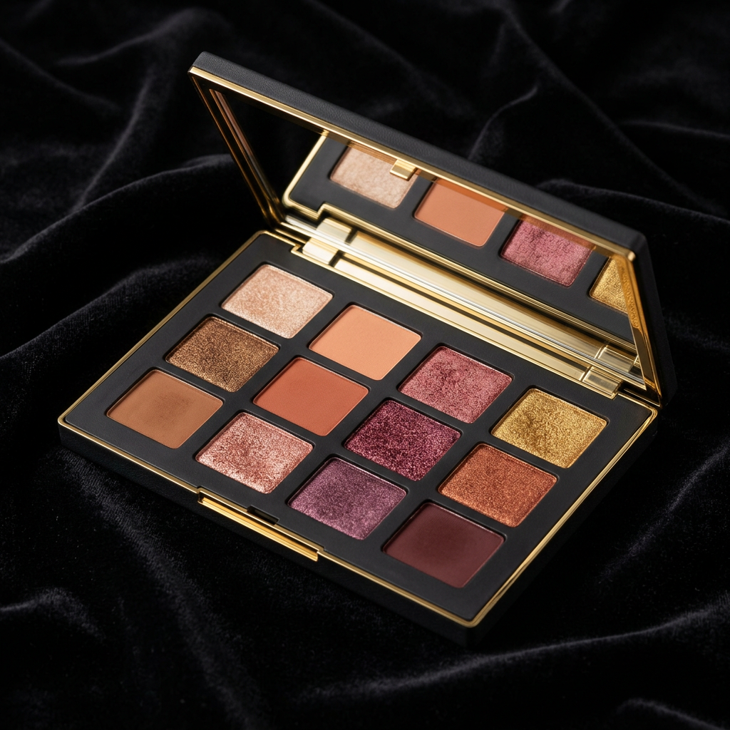 Velvet Luxe Eyeshadow Palette on black velvet with dramatic lighting
