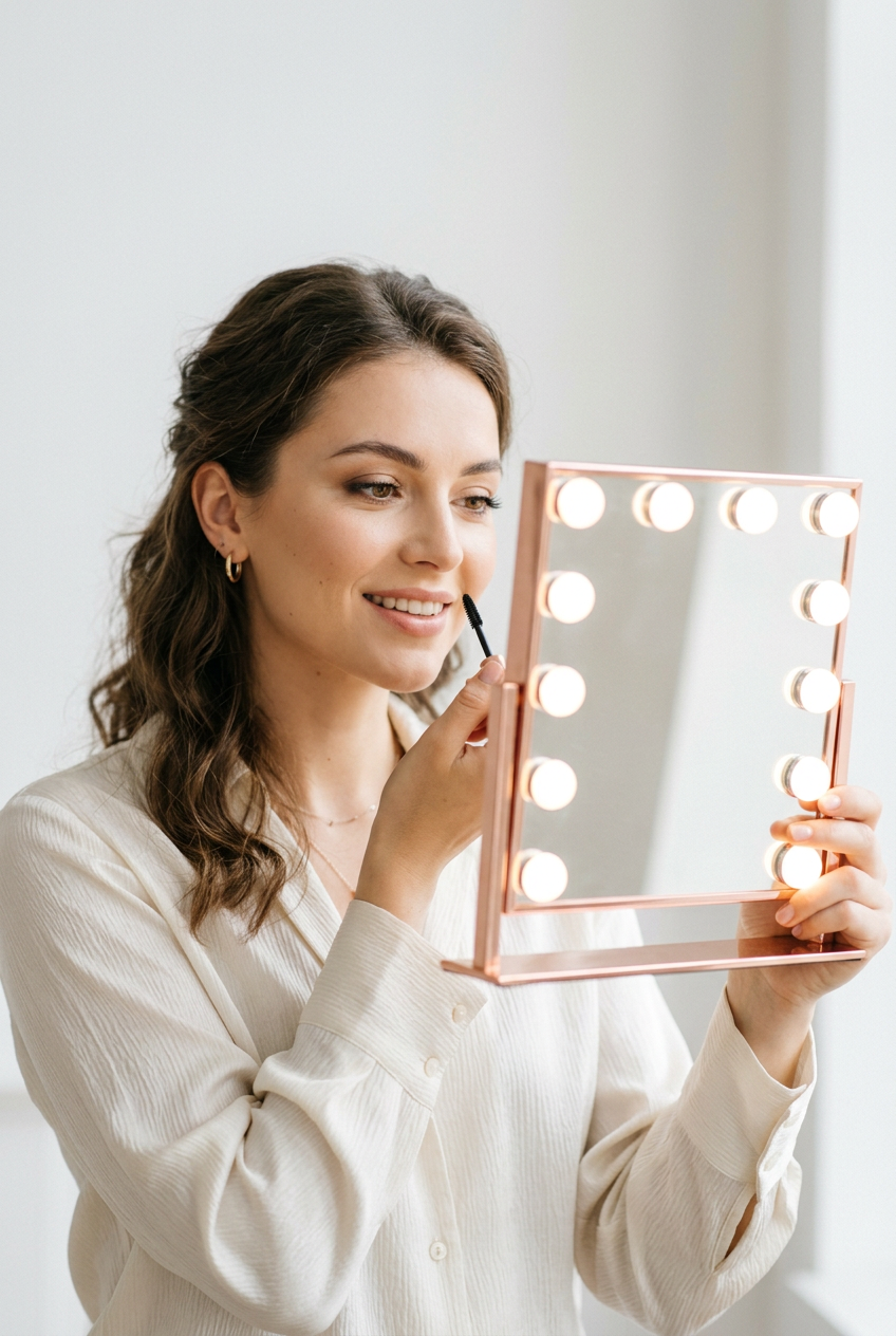 European brunette model applying makeup with square LED mirror