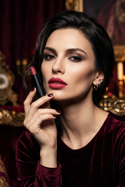 Caucasian model holding Velvet Noir Matte Lipstick glamour shot