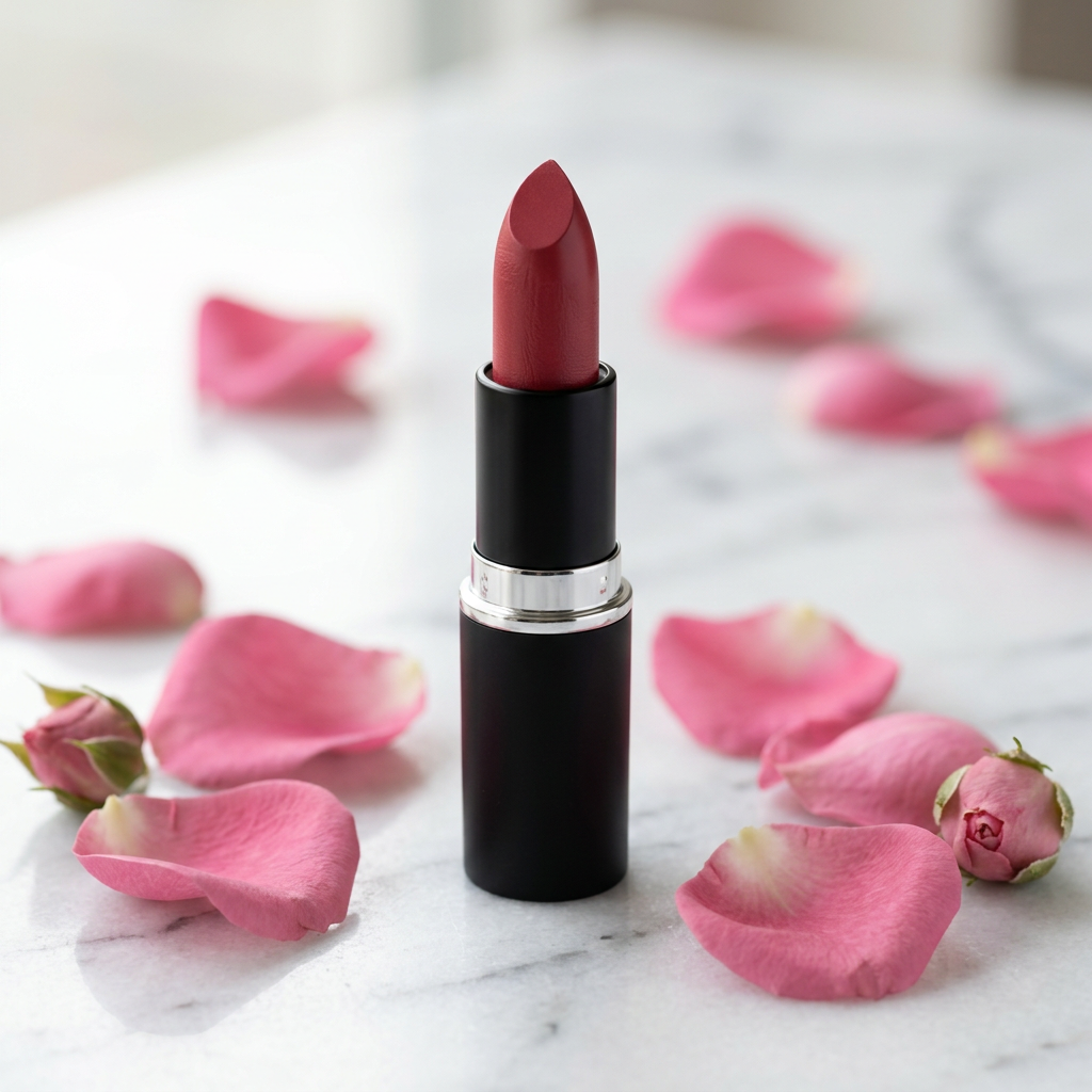 Velvet Noir Matte Lipstick hero shot on marble with rose petals