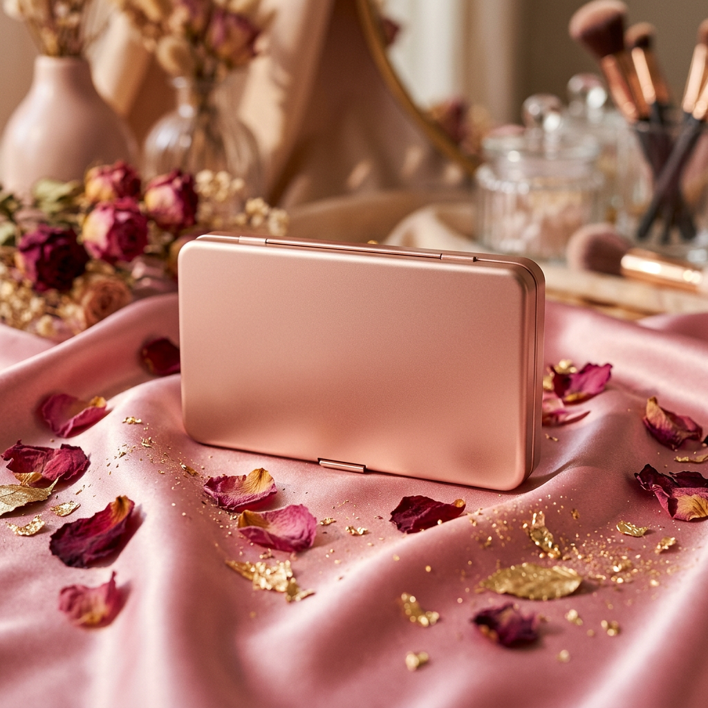 Velvet Luxe Eyeshadow Palette closed on pink satin with rose petals
